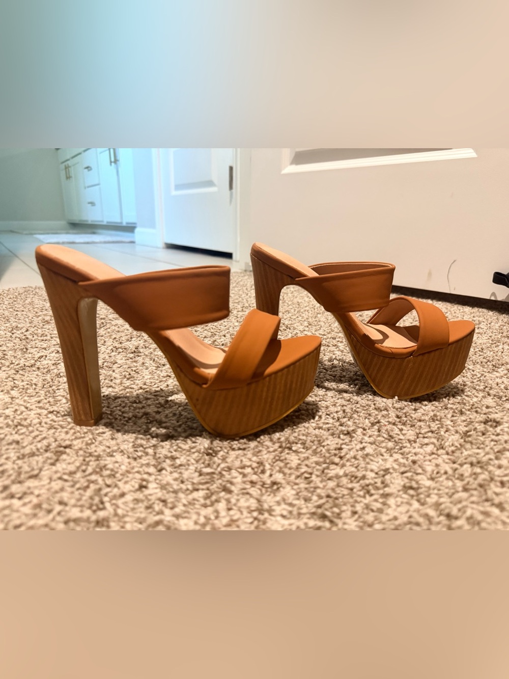 Platform High Heel Sandals in Tan - Stylish Women's Slip-On